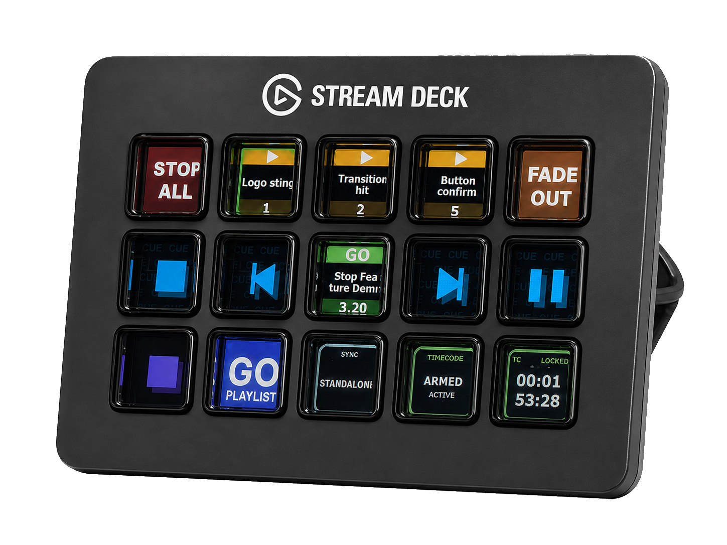 Stream Deck displaying the Node:Cue plugin: cue transport, pads, playlist controls, Sync status, and armed timecode.