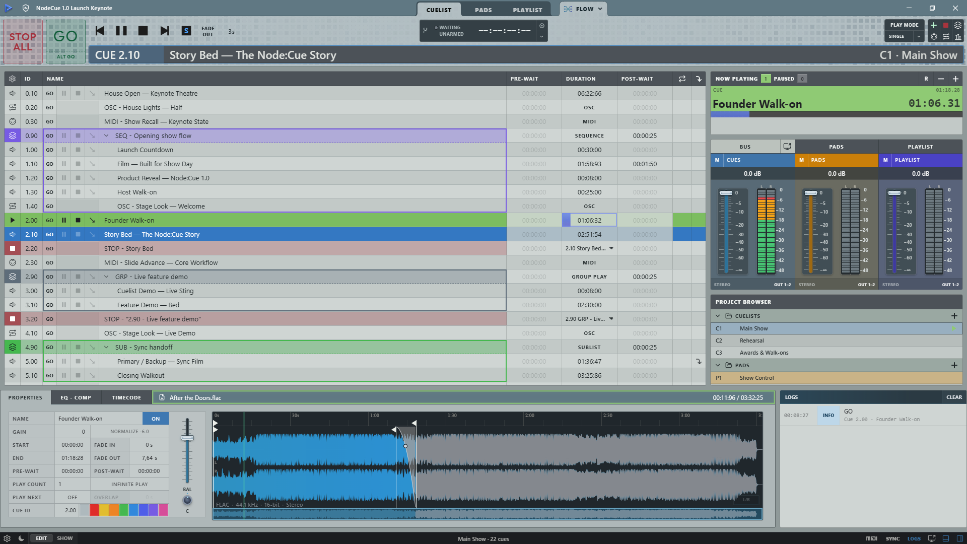 Node:Cue Cuelist running the Node:Cue Launch Keynote with audio, MIDI, OSC, Stop cues, Now Playing, buses, and waveform editing
