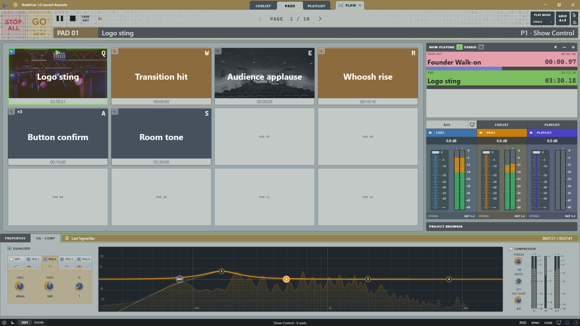 Node:Cue Pads with custom images, colors, hotkeys, simultaneous cue and pad playback, bus meters, EQ, compression, and live RTA