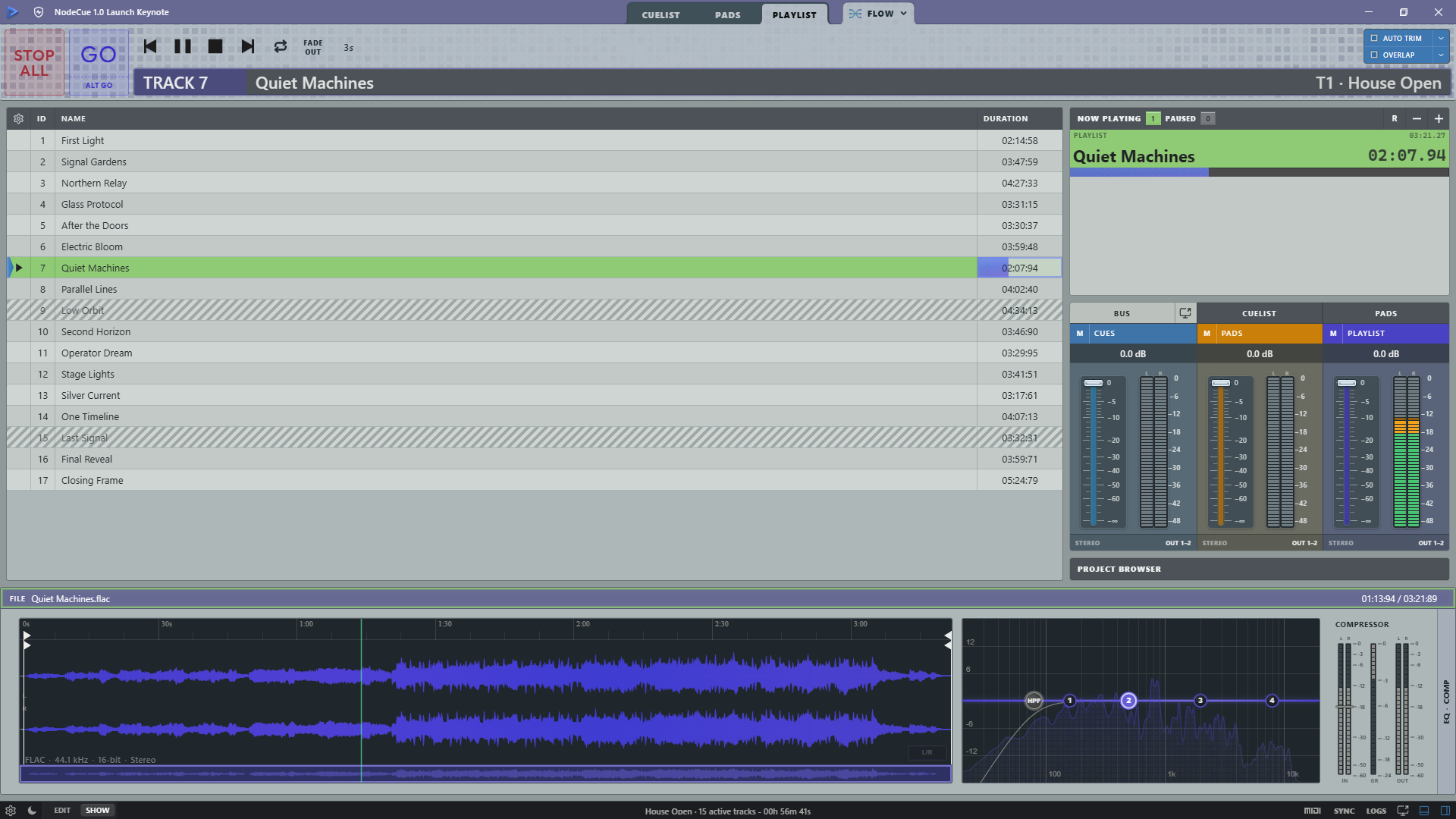 Node:Cue Playlist playing Quiet Machines with auto-trim and overlap controls, Now Playing, bus meters, waveform, EQ, and compression
