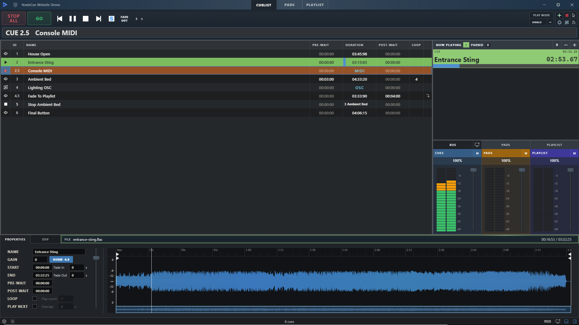 Node:Cue Cuelist view with generic demo cues